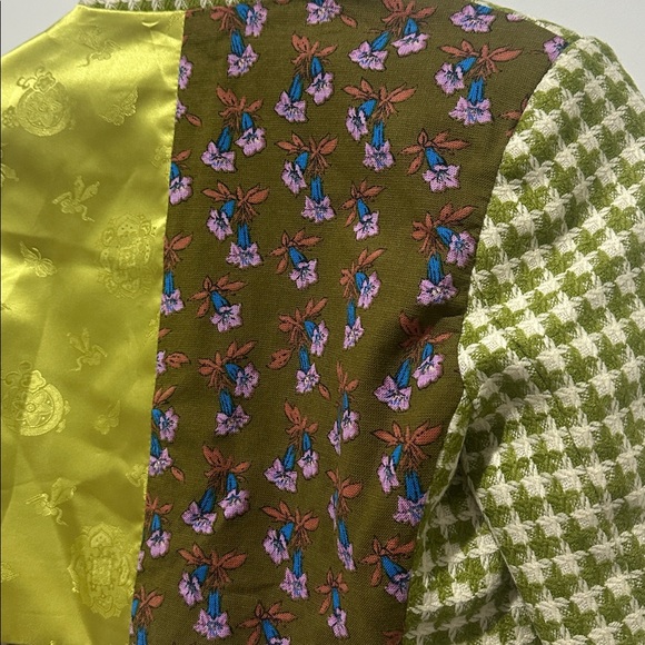 ZEMETA GREEN&WHITE HOUNDSTOOTH CROPPED TWEED BLAZER W/ SATIN&FLORAL BACK PANELS - Picture 6 of 10